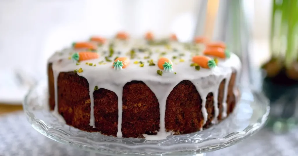 Bolo de cenoura com cobertura de limão com pequenas cenouras enfeitando por cima