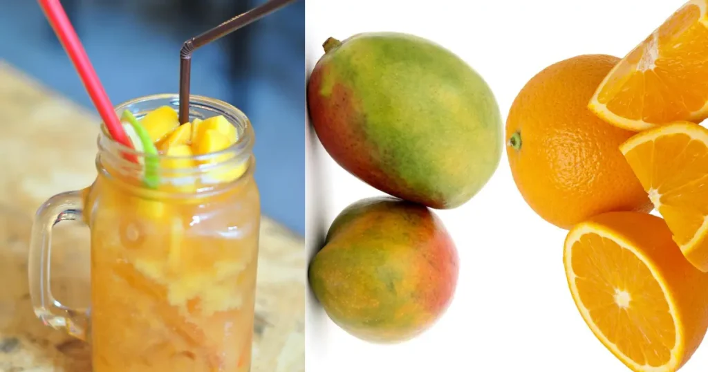 suco de laranja com pedações de manga no copo