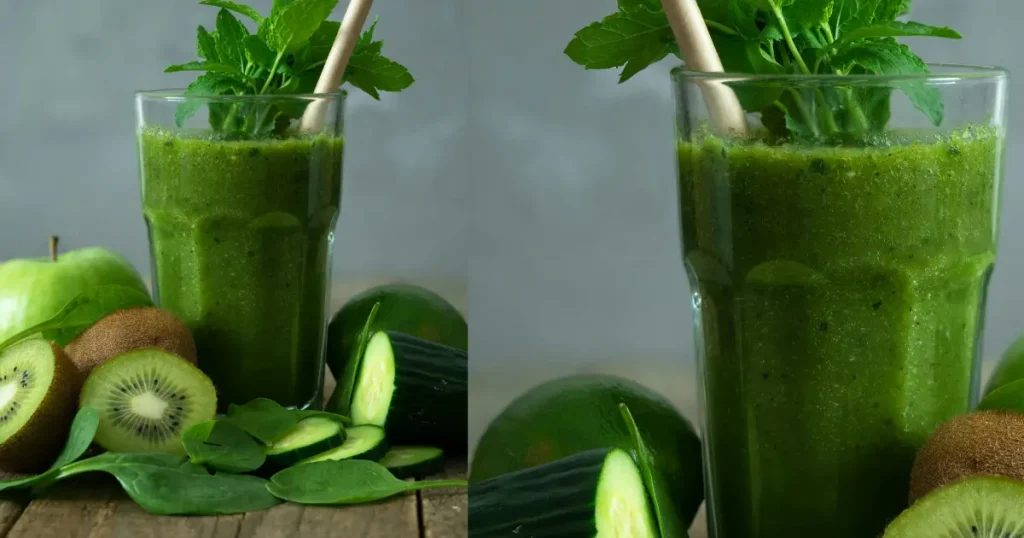 Suco verde de kiwi, espinafre, pepino e hortelã